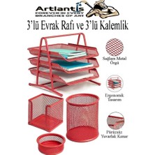Artlantis Kırmızı Metal Evrak Rafı 3 Lü ve Masaüstü Kalemlik 3 Lü 1 Paket Masaüstü A4 Dosya 3 Katlı Düzenleyici Kağıt Tepsisi