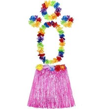Yetişkin ve Çocuk Uyumlu Luau Aloha Hawaii Pembe Etek ve Renkli Kolye Taç 2 Adet Bileklik Seti Ar
