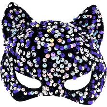 Siyah Kadife Kumaş Üzerine Mor Beyaz Payetli Pullu Parti Maskesi 16X14 cm ARLSTRTCH-MPA3256