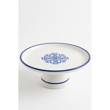 Evcime Ayaklı Seramik Sunum Tabağı & Pasta Standı - Etnik Desenli - 18 cm - Mavi Beyaz
