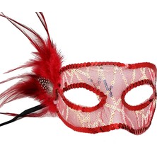 Kırmızı Renk Yandan Tüylü Pul Payet Işlemeli Parti Maskesi 23X12 cm ARLSTRTCH-MPA3256