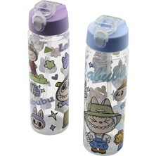 Çocuk Resimli Su Matarası Şeffaf Plastik Pipetli  Kilitli Kapak