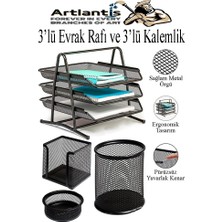 Artlantis Siyah Metal Evrak Rafı 3 Lü ve Masaüstü Kalemlik 3 Lü 1 Paket Masaüstü A4 Dosya 3 Katlı Düzenleyici Kağıt Tepsisi
