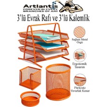 Artlantis Turuncu Metal Evrak Rafı 3 Lü ve Masaüstü Kalemlik 3 Lü 1 Paket Masaüstü A4 Dosya 3 Katlı Düzenleyici Kağıt Tepsisi