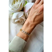 Initium Premium Paslanmaz Çelik Çift Sıra Kalp Model Zirkon Taşlı 14K Gold Bileklik