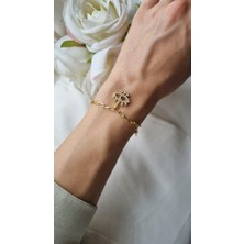 Initium Premium Paslanmaz Çelik Ataç Zincir Göz Detaylı Zirkon Taşlı 14K Gold Bileklik