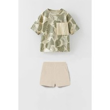 VİTASTORETR Yaprak Desenli Yama Cepli Müslin Kumaş Şortlu Çocuk Ikili Takım