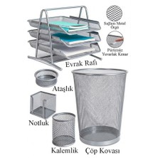 Artlantis Gümüş Gri Metal Evrak Rafı 3 Lü Masaüstü Kalemlik 3 Lü ve Fileli Çöp Kovası 1 Paket Masaüstü A4 Dosya Düzenleyici Not