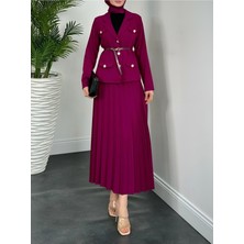 Modamorfo Eteği Piliseli Kemerli Düğmeli Ceketli Takım -Mor