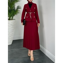 Moda Morfo Eteği Piliseli Kemerli Düğmeli Ceketli Takım -Bordo