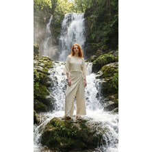 Lorenzella Bohem %100 Pamuk Müslin Etek Pantolon Takım Crop Bluzlu Ekru Standart Beden