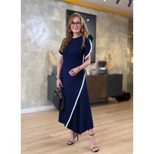 Equri Kadın Kısa Kollu Bisiklet Yaka Çift Şerit Renk Detaylı Asimetrik Kesim Viskon Iki Iplik Elbise