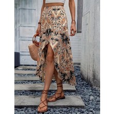 Balmior Kadın Yüksek Bel Çiçek Desenli Önü Asimetrik Detaylı Uzun Süprem Etek