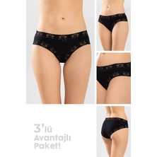 Baykar Kadın Pamuklu Dantelli Bikini Kesim Düz Külot 3'lü Paket Siyah