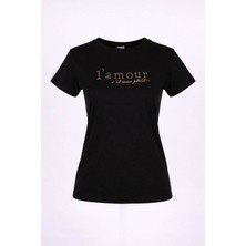 Trender L'mour Yazılı O Yaka Siyah Kadın T-Shirt 26YDT1000006