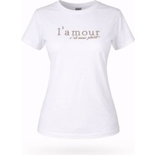 Trender L'mour Yazılı O Yaka Beyaz Kadın T-Shirt 26YDT1000006