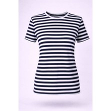Trender Çizgili Viskon O Yaka Lacivert Kadın T-Shirt 26YDT1000011