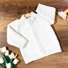 Renkli Puset Bebek Hırka Ekru Peluş Polar Kısa Kol Dik Yaka Düz Desenli Konforlu Tasarım