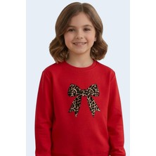 Evavi Kız Çocuk Kurdele Baskılı Bisiklet Yaka Kırmızı Sweatshirt