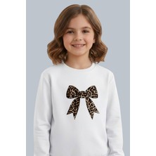 Evavi Kız Çocuk Kurdele Baskılı Bisiklet Yaka Beyaz Sweatshirt