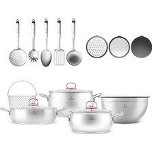 Emsan Karıştır-Pişir-Sakla 18 Parça Karıştırma Kabı ve Servis Gereçli Çelik Tencere Seti