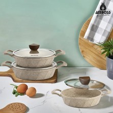 Amboss Astral 6 Parça Cam Kapaklı Alüminyum Döküm Sahan Seti – Cappuccino Kaplama, 18-22 cm, Fırın Kullanımına Uygun