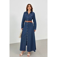 Bejna Kadın Kemerli Maxi Denim Gömlek Elbise