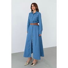 Bejna Kadın Kemerli Maxi Denim Gömlek Elbise