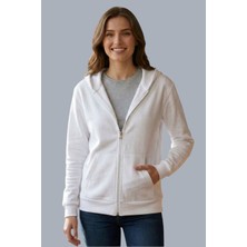 Evavi Kadın Kapüşonlu Fermuarlı Beyaz Sweatshirt Ceket