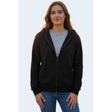 Evavi Kadın Kapüşonlu Fermuarlı Siyah Sweatshirt Ceket