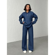 Bejna Kadın Şık Düğme Detaylı Alt Üst Denim Takım