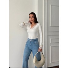 My Lunessa Dantelli V Yaka Likralı Kısa Body