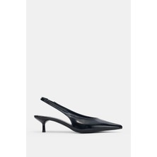 Selin Shoes Kisel Kısa ve Ince Topuk Bilek Lastik Detay Kadın Topuklu Ayakkabı- Siyah Rugan