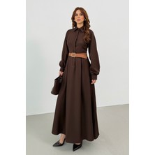 Bejna Kadın Kemer Detaylı Balon Kol Ipeksi Dokuma Elbise