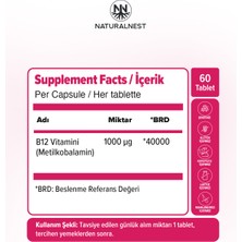 Naturalnest Vitamin B12 Metilkobalamin Takviye Edici Gıda 60 Tablet