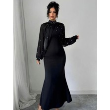 Artsviva Kadın Balıkçı Yaka Inci ve Tül Detay Dalgıç Kumaş Maxi Boy Elbise