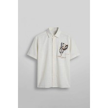 Abluka Online Erkek Oversize Nakış Detaylı Pamuklu Kısa Kollu Gömlek Ekru