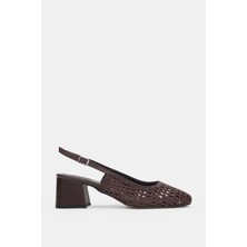 Selin Shoes Serelia Örgü Detay Bilek Ayarlanabilir Toka Kalın Topuk Kadın Topuklu Ayakkabı- Kahverengi