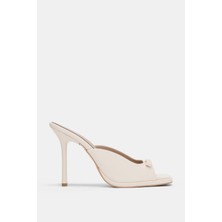 Selin Shoes Meliora Küt Burun Bant Düğüm Aksesuar Topuklu Kadın Terlik- Ekru