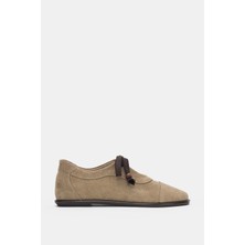 Selin Shoes Braven Hakiki Deri Düz Taban Bağcık Detay Kadın Ayakkabı- Vizon Süet