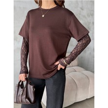 Bejna Kadın Dantel Kollu Oversize Modal Dokulu Tişört