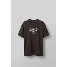 Abluka Online Erkek Oversize Çiçek Nakışlı T-Shirt Kahve
