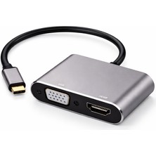 CoverZone NRT-22100 |usb-C Görüntü Dönüştürücü Adaptör 4K HDMI + VGA Çıkışlı Type-C To HDMI VGA Hub Laptop Tablet Telefon Ekran Yansıtma Monitör Tv Projeksiyon Bağlantı Aparatı Plug & Play