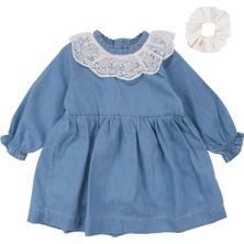 by BebekOdam Kız Bebek Ekru Dantel Yakalı Tokalı Kot Elbise - 1016616