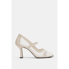 Selin Shoes Velensa Lastikli Küt Burun Kadın Topuklu Ayakkabı- Ekru