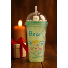 MiraLive Çılgın Bear Suluk Pipetli Buzlu Cam Görünümlü LED Işıklı 450 ml Çift Katman Mika 2093 Yeşil