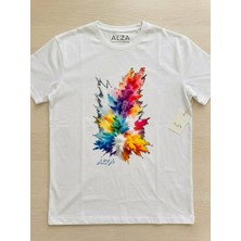 Alza Design Unisex Beyaz Renk Patlaması Grafiti Baskılı Pamuklu T-Shirt
