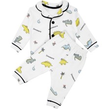 by BebekOdam Unisex Ekru Renkli Dinazor Desenli Kruvaze Yaka Pijama Takımı