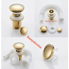 İz Yapı Iz Yapı Pop Up Sifon Taşma Delikli Porselen Kafa Gold Renk Sifon ve Gold Renk Lavabo Yüzüğü