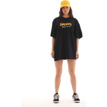 Assema Kadın  Bisiklet Yaka Baskılı Oversize T-Shirt - Siyah